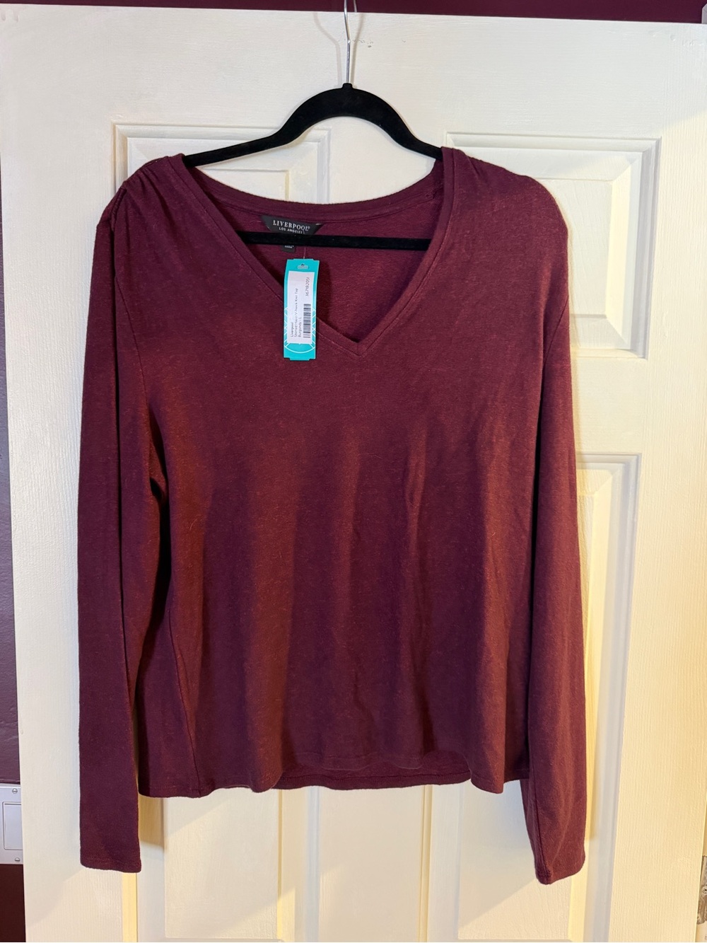 Liverpool Los Angeles Burgundy Shirred Knit Neck Long Sleeve Top